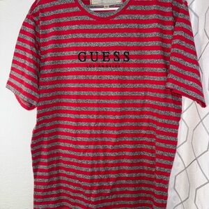Guess Men's Red and Gray Striped Tee